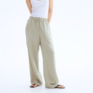 H&M Sage Green Linen Blend Wide Leg Pants Elastic Waist Size S NWT ✨